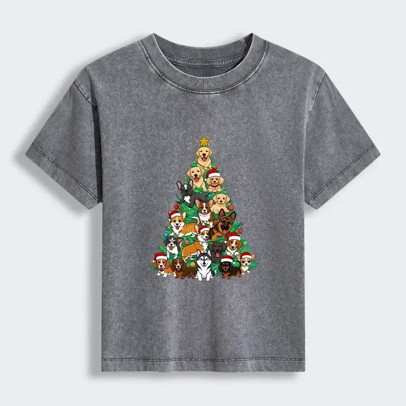Kyoto-Lion Christmas Tree Dog Funny Women's Washed T-shirt