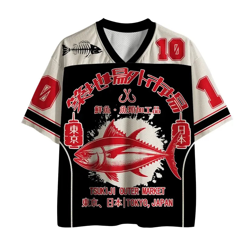 Tsukiji Fish Market Ukiyo-e Mesh Jersey for Streetwear