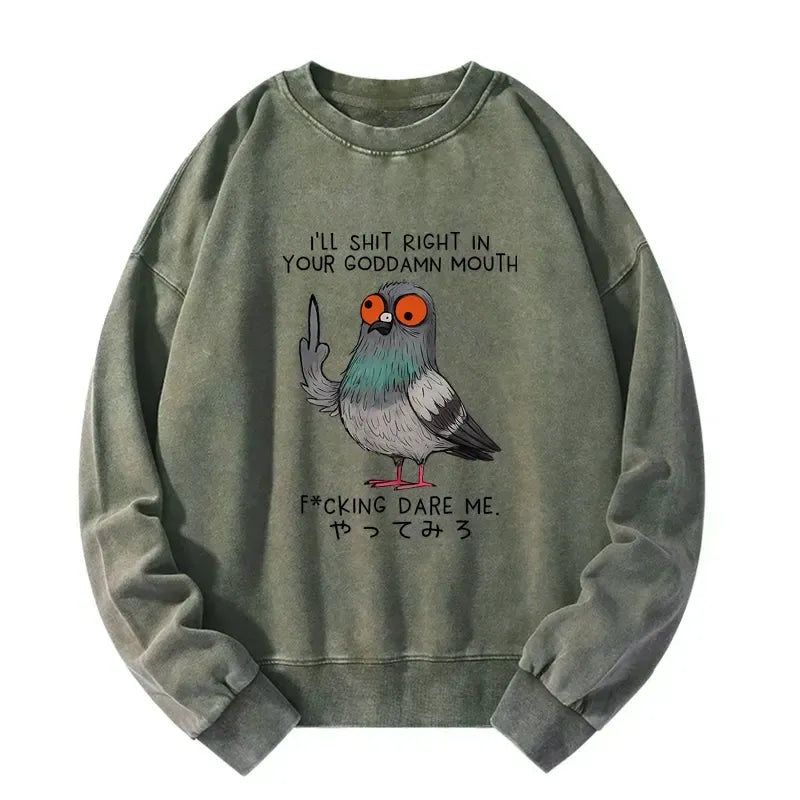 Kyoto-Lion Angry Pigeon Funny Washed Sweatshirt
