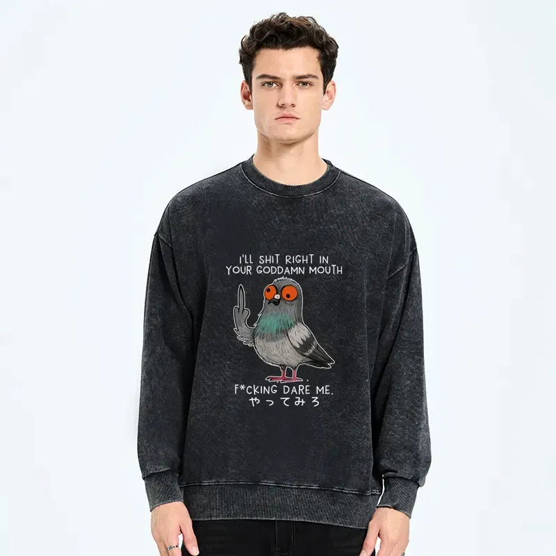 Kyoto-Lion Angry Pigeon Funny Washed Sweatshirt