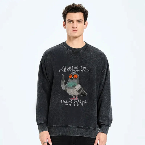Kyoto-Lion Angry Pigeon Funny Washed Sweatshirt