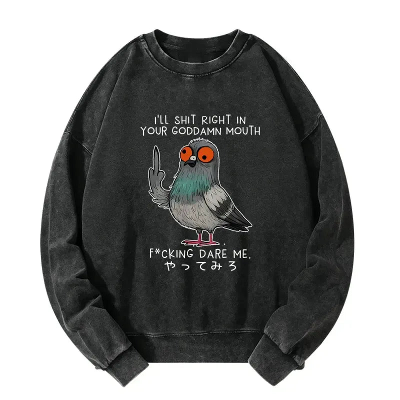 Kyoto-Lion Angry Pigeon Funny Washed Sweatshirt