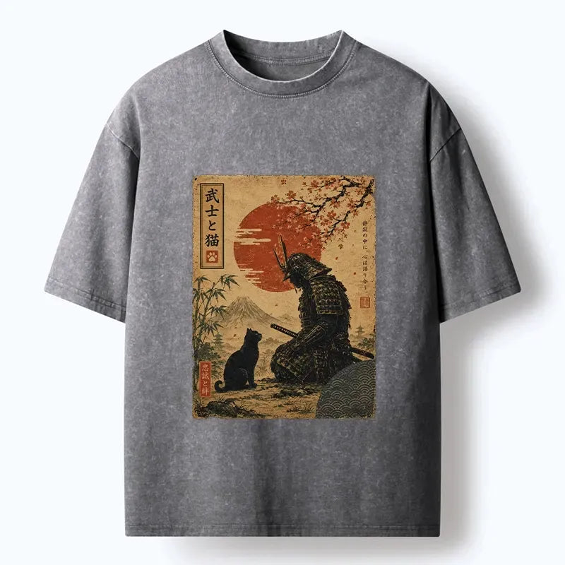 Kyoto-Lion Samurai And Black Cat Mountain Washed T-Shirt