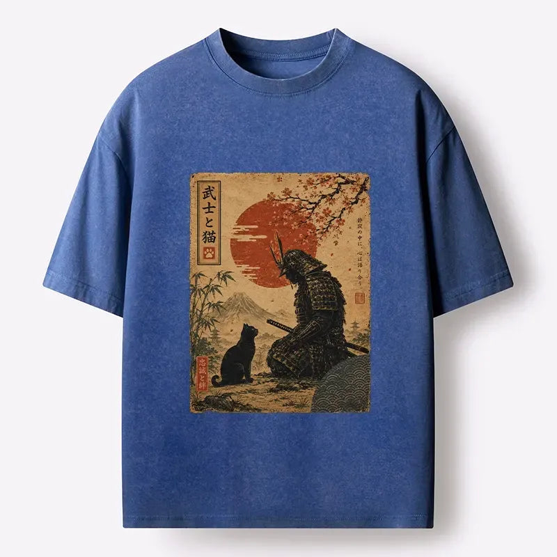 Kyoto-Lion Samurai And Black Cat Mountain Washed T-Shirt