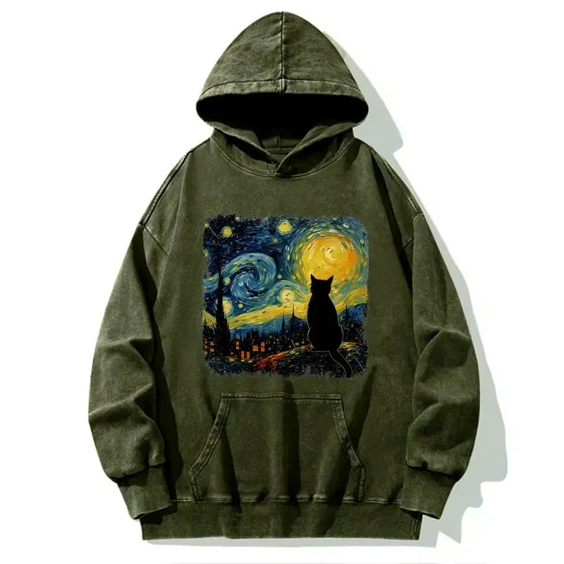 Starry Night Cat Washed Hoodie on Sale