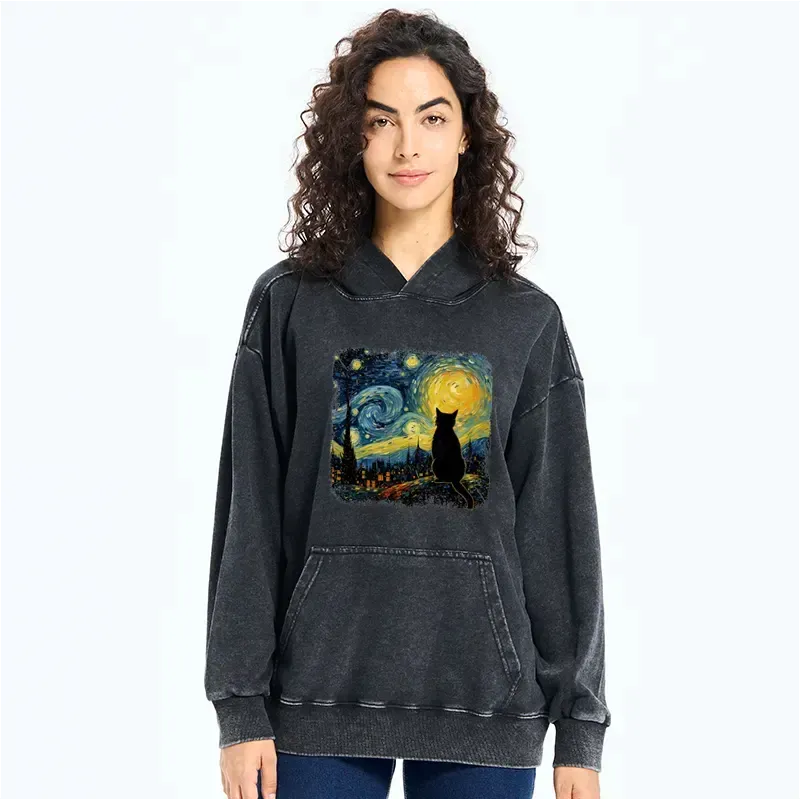 Kyoto-Lion The Starry Night Cat Washed Hoodie