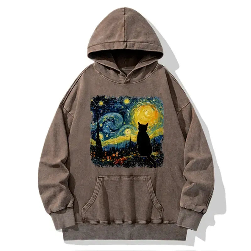 Kyoto-Lion The Starry Night Cat Washed Hoodie