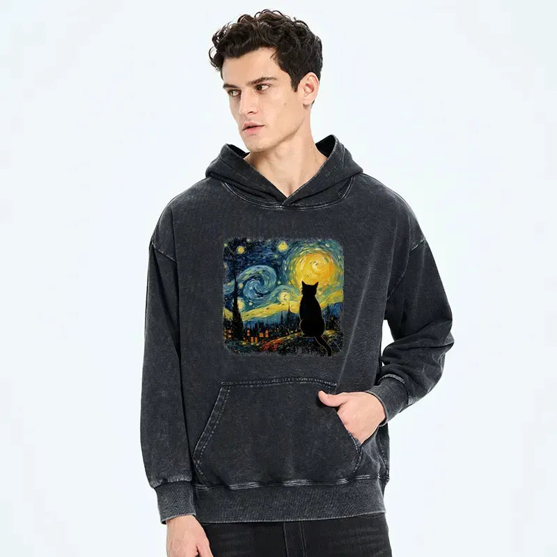 Starry Night Cat Washed Hoodie on Sale