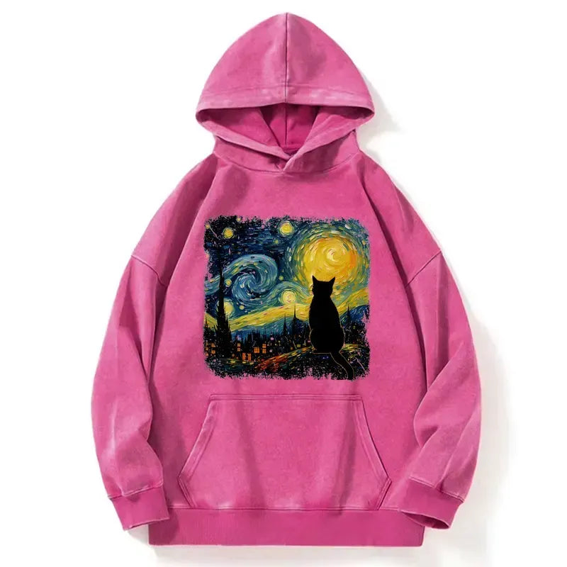 Starry Night Cat Washed Hoodie on Sale