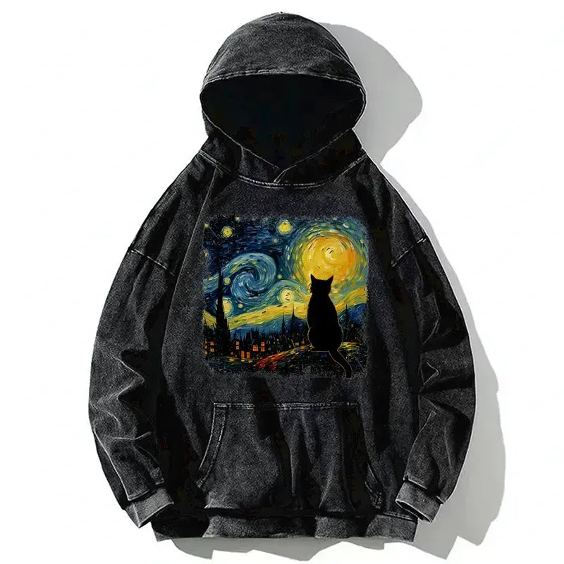 Kyoto-Lion The Starry Night Cat Washed Hoodie