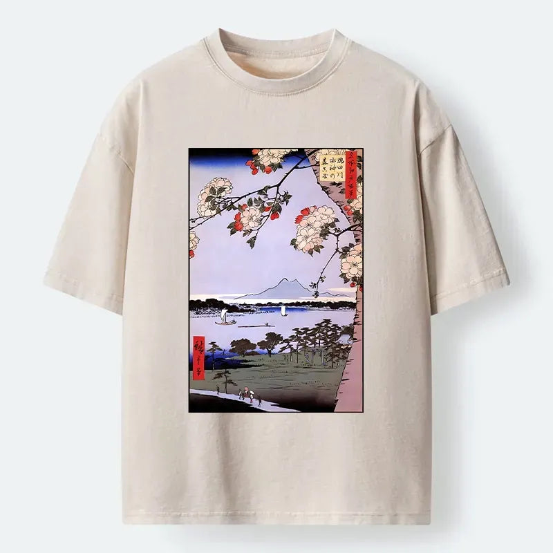 Kyoto-Lion Vintage Japanese Print: Sakura And Fuji Washed T-Shirt