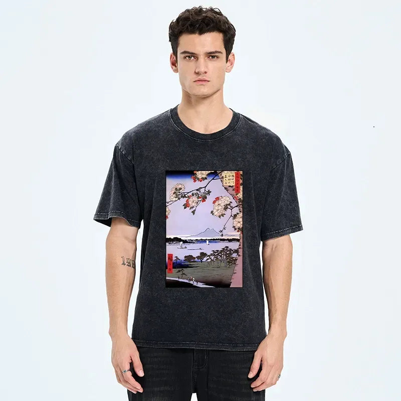 Kyoto-Lion Vintage Japanese Print: Sakura And Fuji Washed T-Shirt