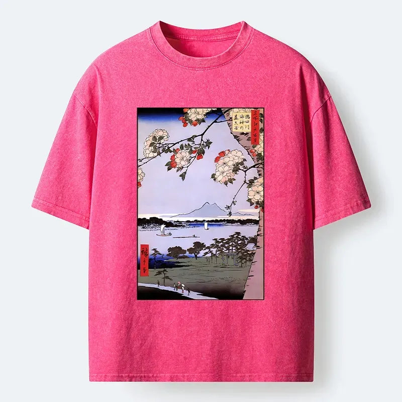 Kyoto-Lion Vintage Japanese Print: Sakura And Fuji Washed T-Shirt