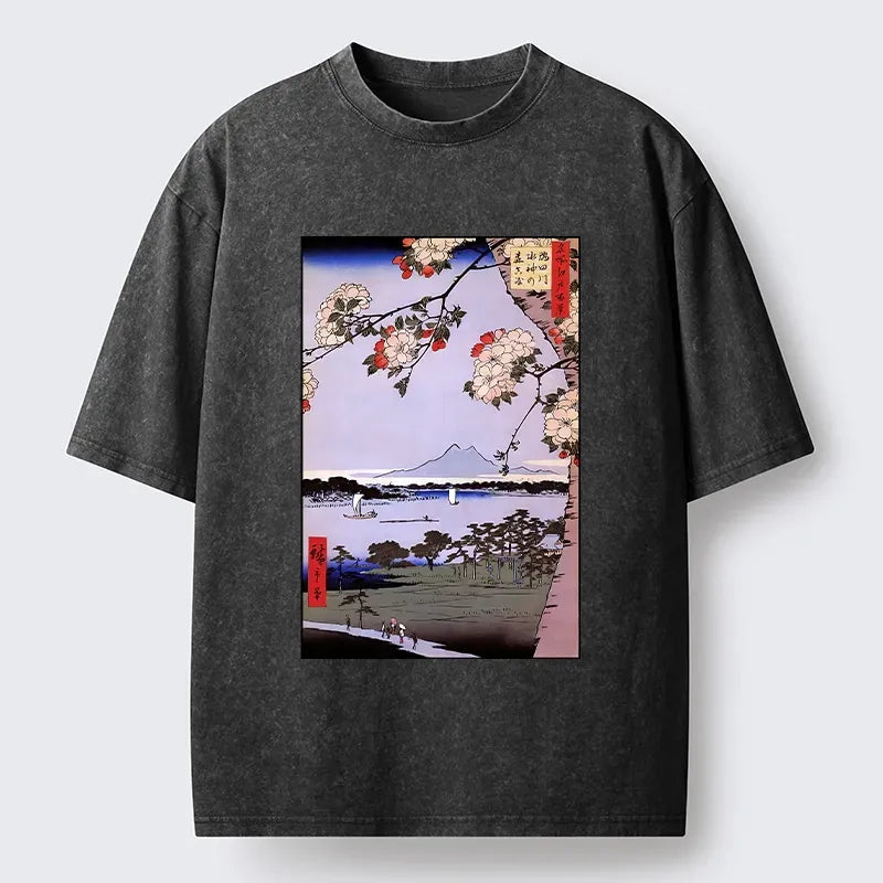 Kyoto-Lion Vintage Japanese Print: Sakura And Fuji Washed T-Shirt