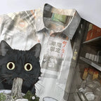 Japanese cat ramen button-up shirt for streetwear