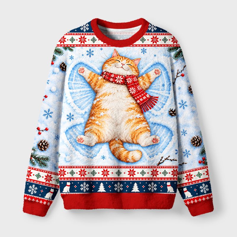 Kyoto-Lion Cute Cat Lying On Snow Fuzzy Christmas Ugly Sweatshirt