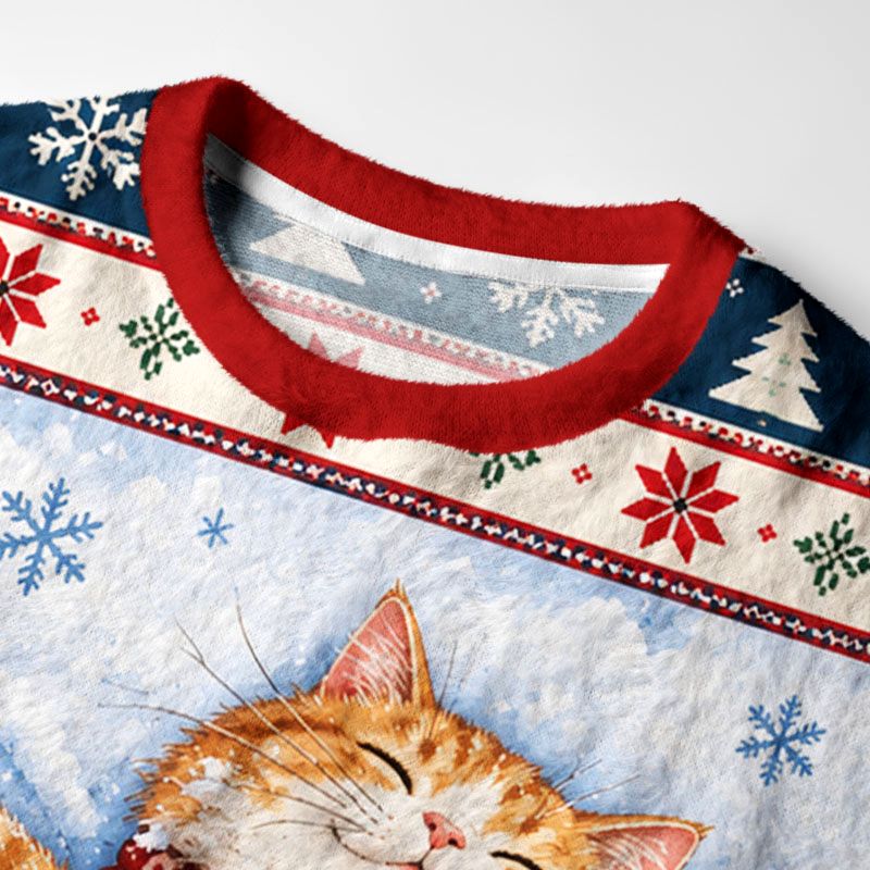 Kyoto-Lion Cute Cat Lying On Snow Fuzzy Christmas Ugly Sweatshirt