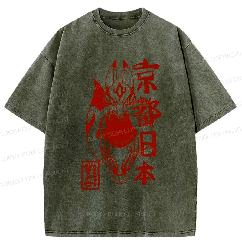 Japanese Fox Monster Washed T-Shirt for Summer