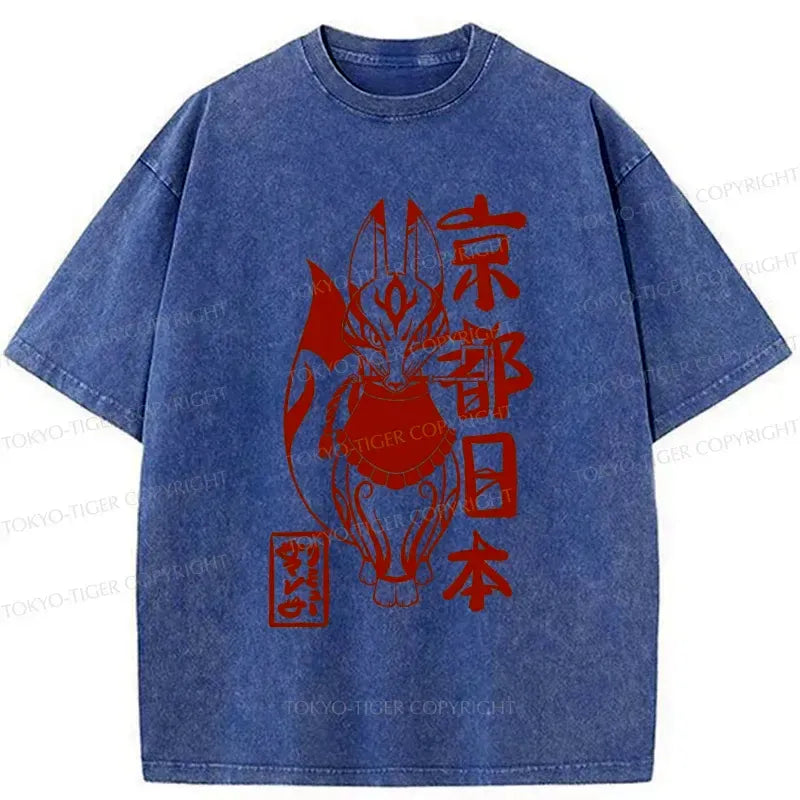 Japanese Fox Monster Washed T-Shirt for Summer