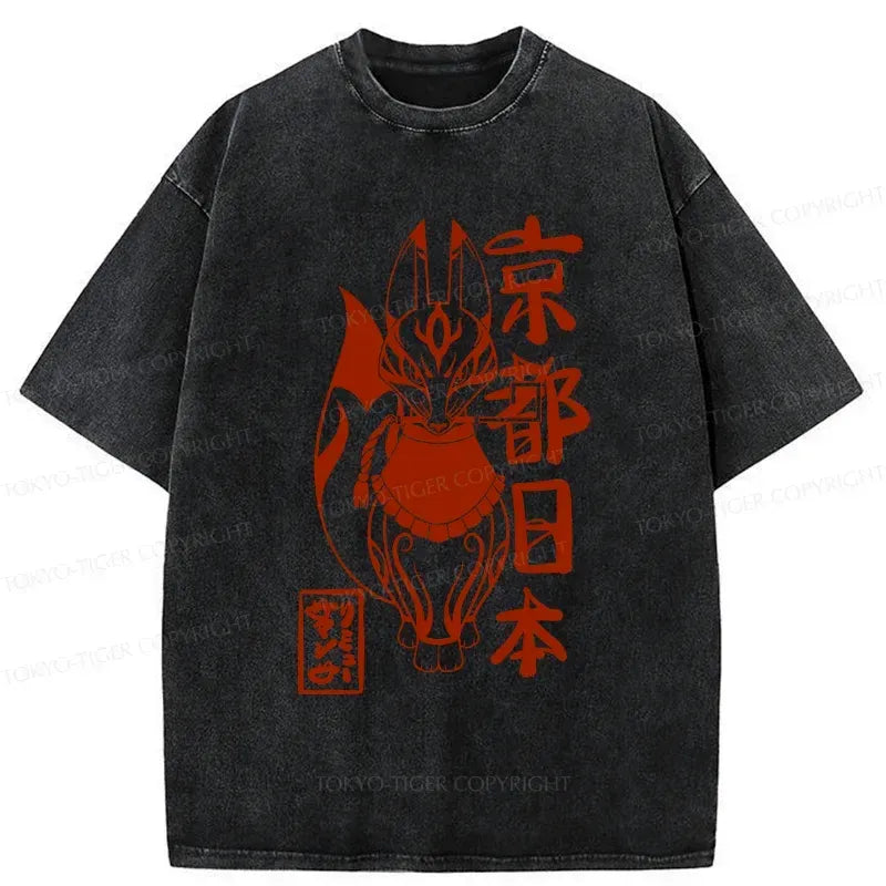 Japanese Fox Monster Washed T-Shirt for Summer