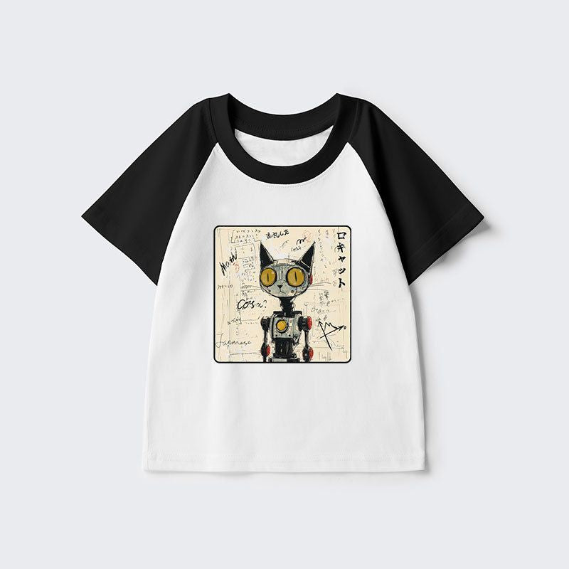 Kyoto-Lion Robot Cat Kids Raglan T-shirt