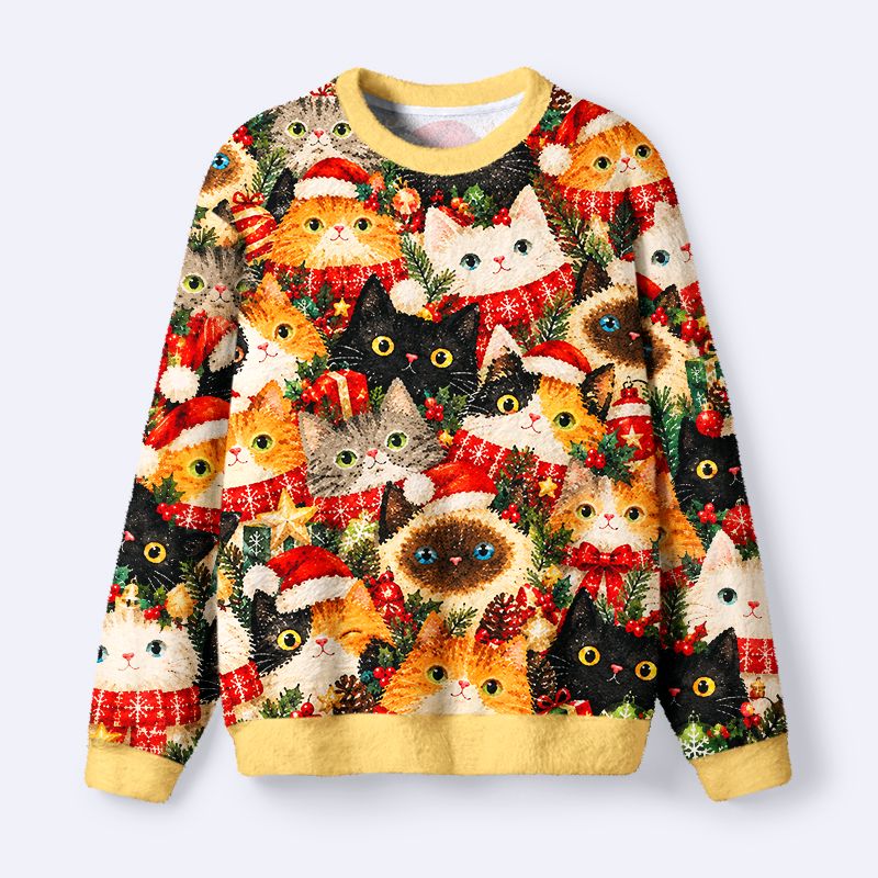 Kyoto-Lion Winter Cats Holiday Party Fuzzy Christmas Ugly Sweatshirt