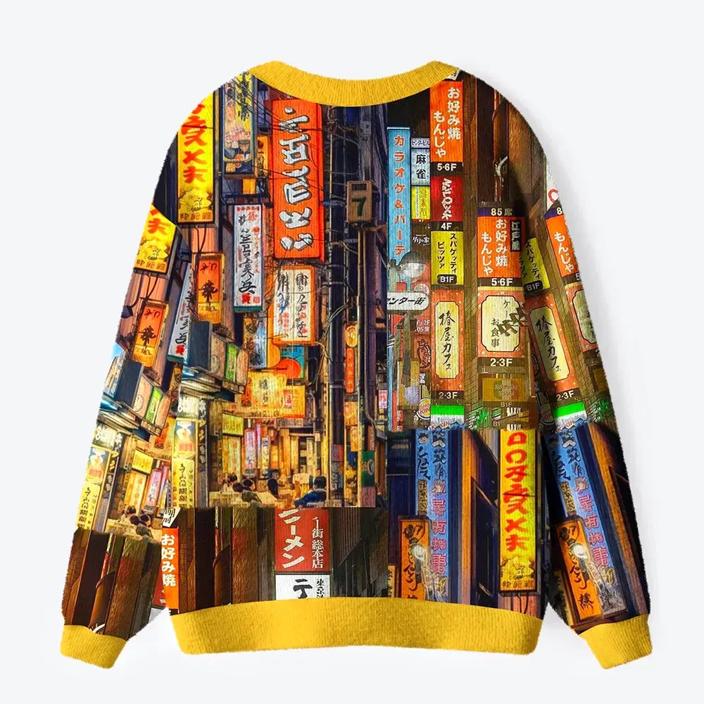 Kyoto-Lion A Walk Through Japan's Night Glow Ugly Cardigan Sweater