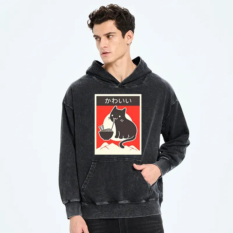 washed cat hoodie streetwear daily wear
