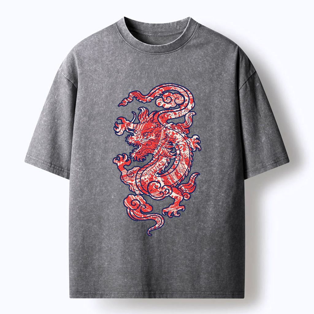 Japanese Dragon Washed T-Shirt for Daily Wear