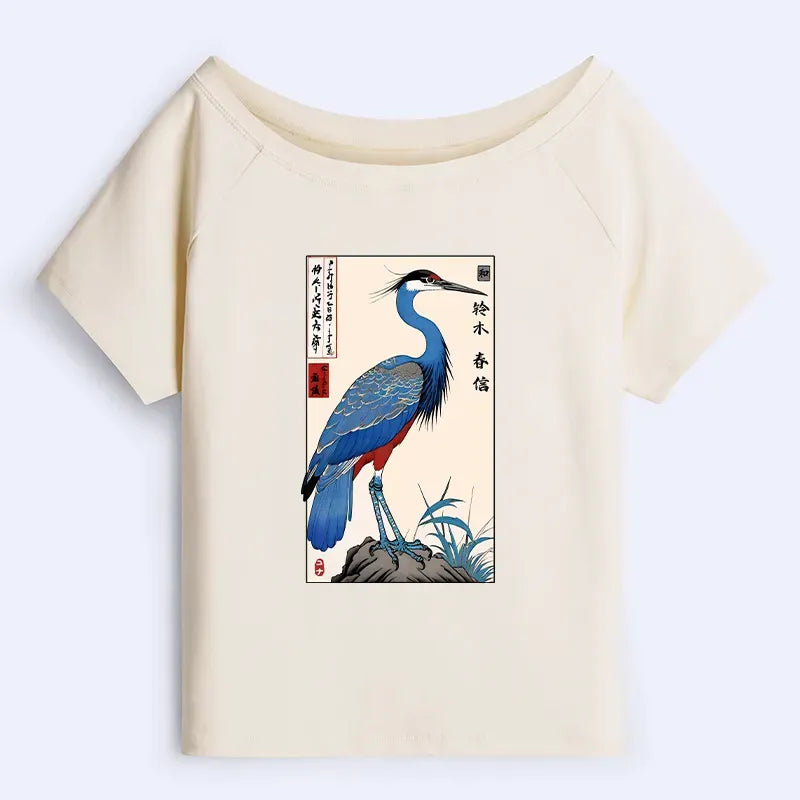 Kyoto-Lion Colorful Crane Off Shoulder T-Shirt