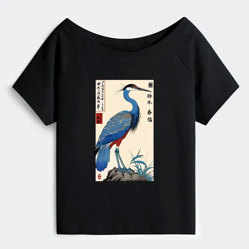 Colorful Crane Off Shoulder T-Shirt for Summer