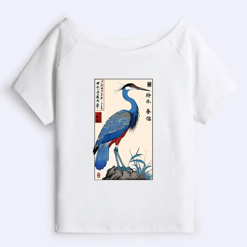 Colorful Crane Off Shoulder T-Shirt for Summer