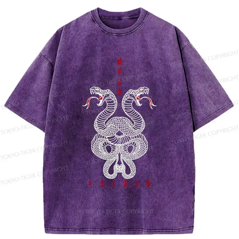 Kyoto-Lion Double Snakes Encircling Washed T-Shirt