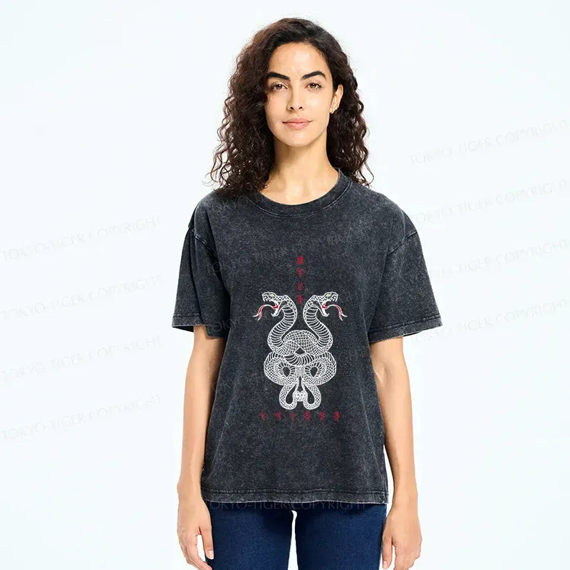 Kyoto-Lion Double Snakes Encircling Washed T-Shirt