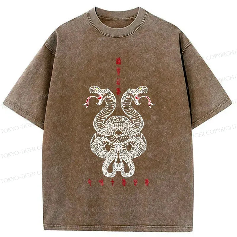 Kyoto-Lion Double Snakes Encircling Washed T-Shirt