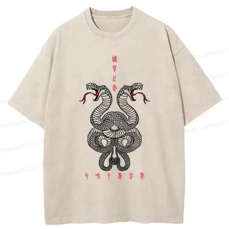 Kyoto-Lion Double Snakes Encircling Washed T-Shirt