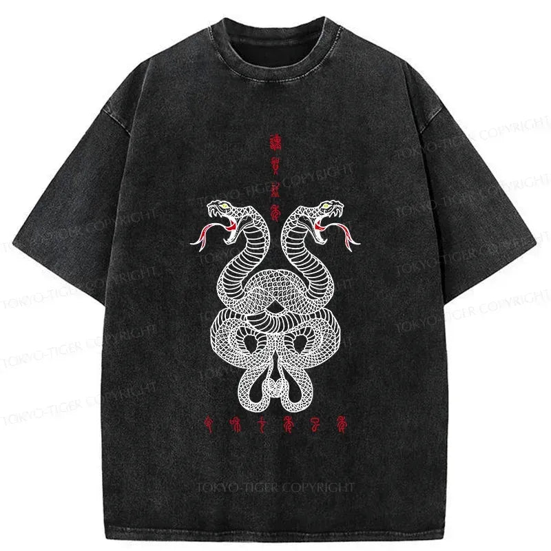 Kyoto-Lion Double Snakes Encircling Washed T-Shirt