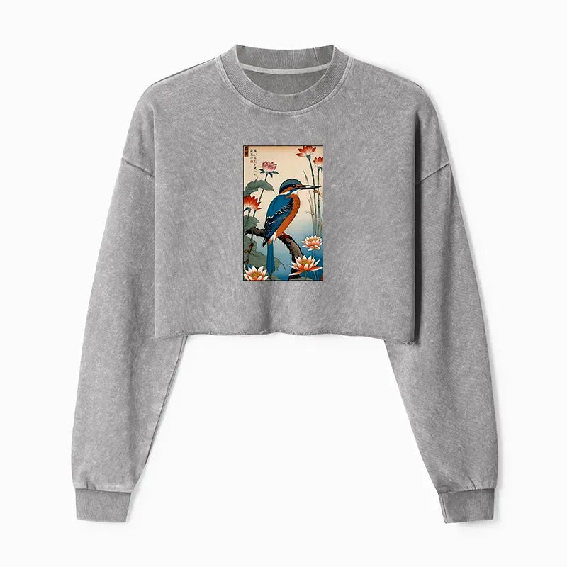 Kyoto-Lion Ukiyo-e Kingfisher Washed Crop Sweatshirt