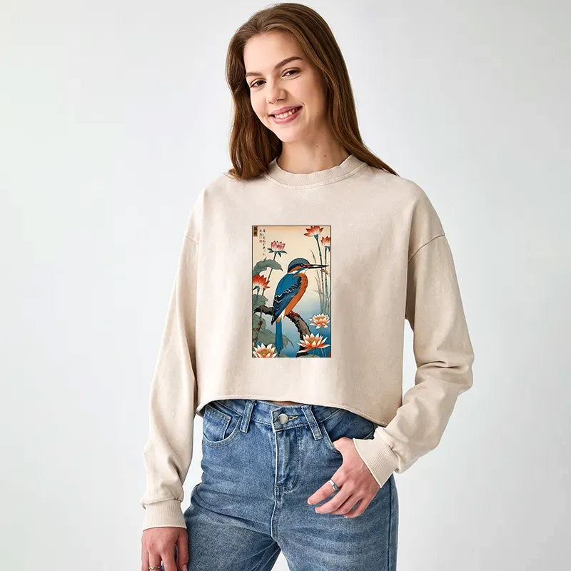 Kyoto-Lion Ukiyo-e Kingfisher Washed Crop Sweatshirt