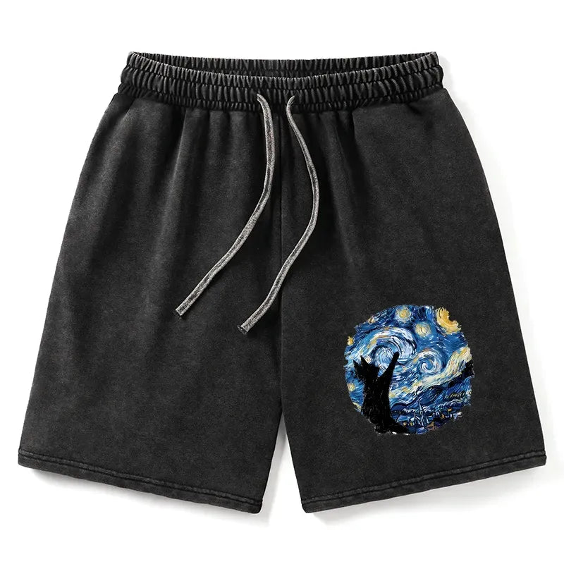 Japanese Starry Night Black Cat Shorts