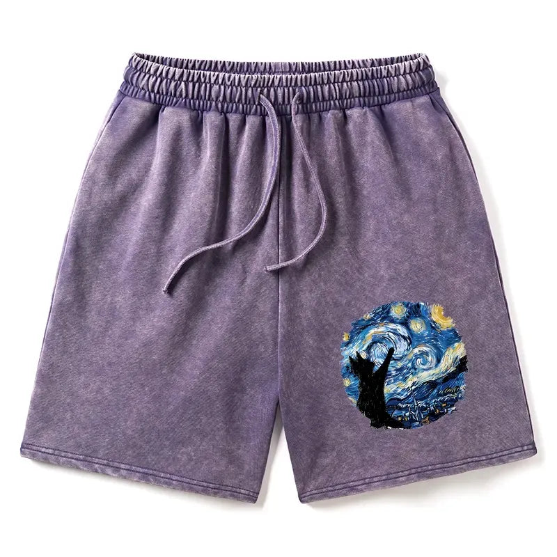 Kyoto-Lion Starry Night Black Cat Washed Shorts