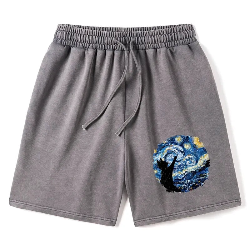Washed Black Cat Shorts for Gift Idea