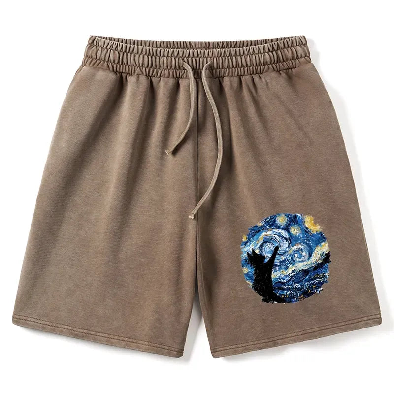 Washed Black Cat Shorts for Gift Idea