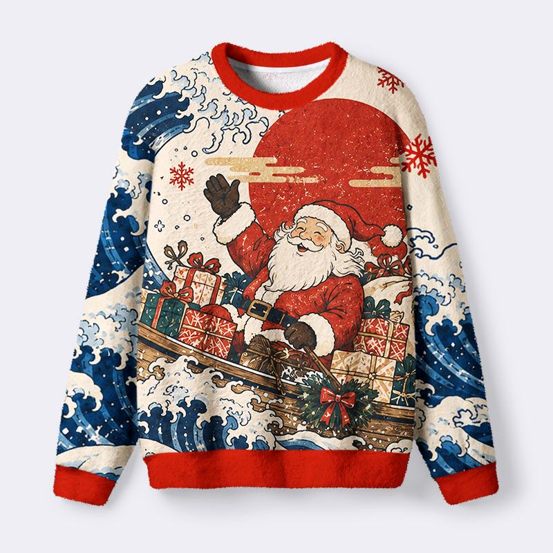 Kyoto-Lion Wave Surfing Santa Fuzzy Christmas Ugly Sweatshirt
