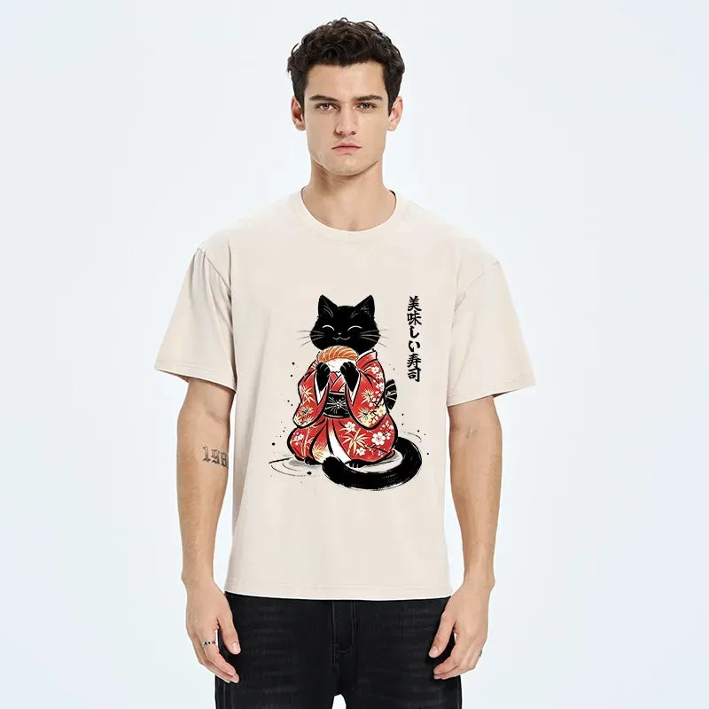 Sushi Loving Cat Vintage Tee for Summer