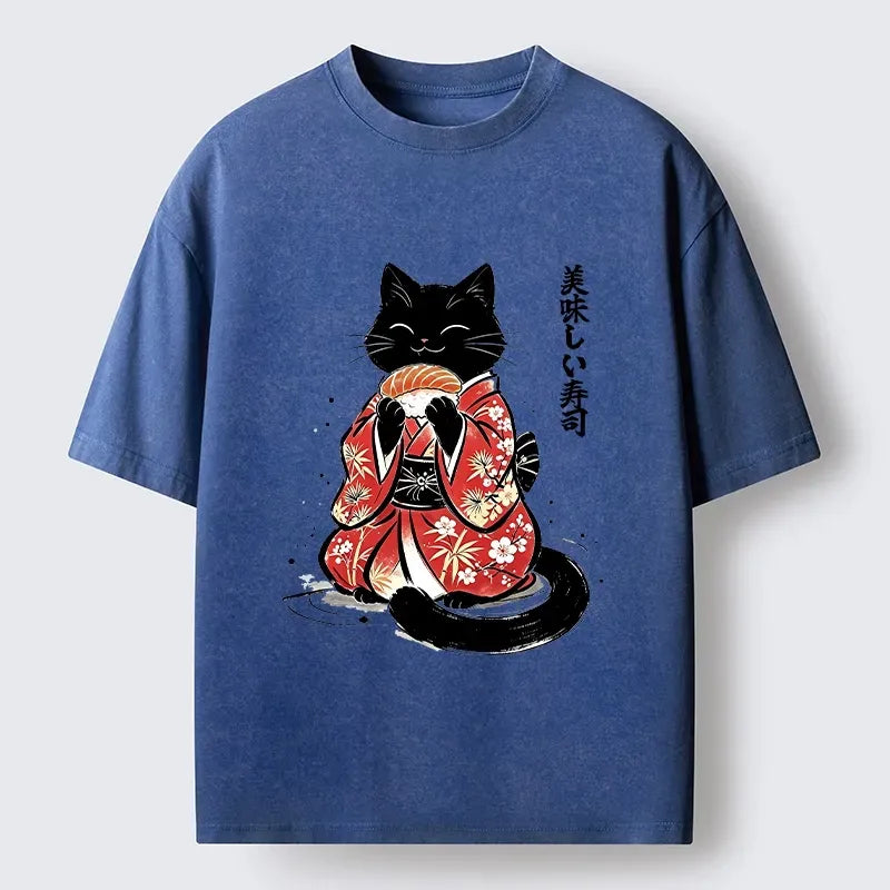 Kyoto-Lion Sushi Loving Black Cat Washed T-Shirt