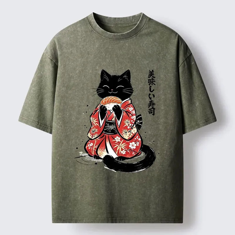 Japanese Black Cat Washed T-Shirt