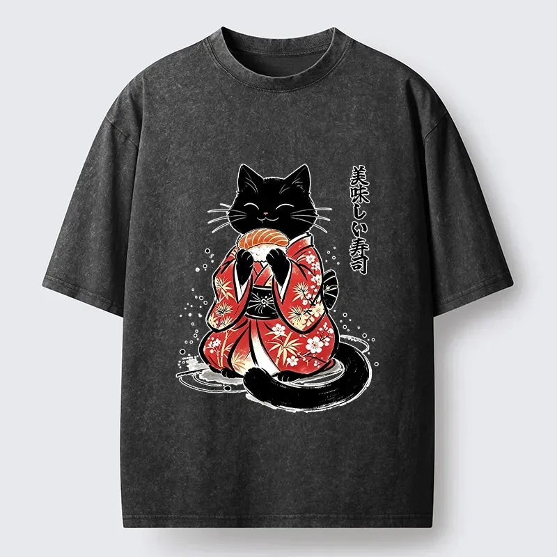 Sushi Loving Cat Vintage Tee for Summer