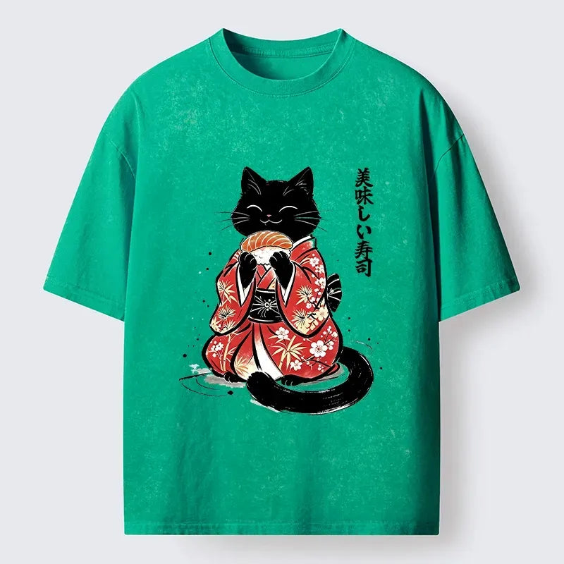Kyoto-Lion Sushi Loving Black Cat Washed T-Shirt