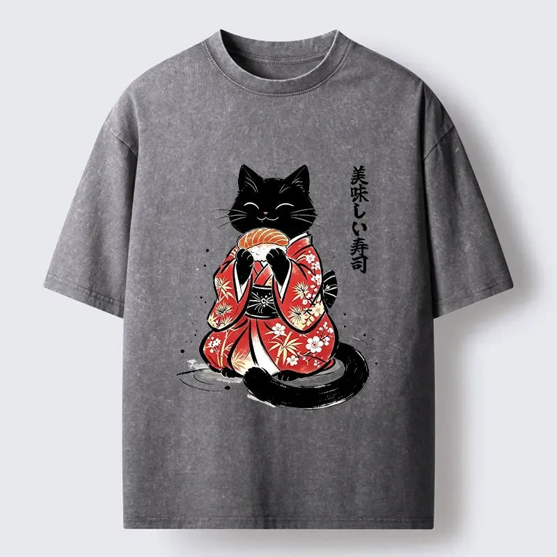 Sushi Loving Cat Vintage Tee for Summer